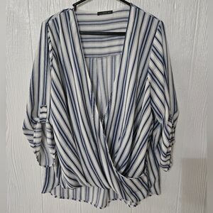 West Kei Top Womens Large Blue White Striped ¾ Sleeve High Low Blouse